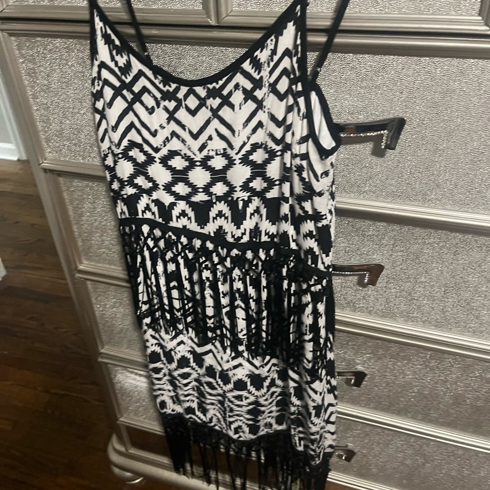 Potter's Pot Black and White Geometric Fringe Mini Dress